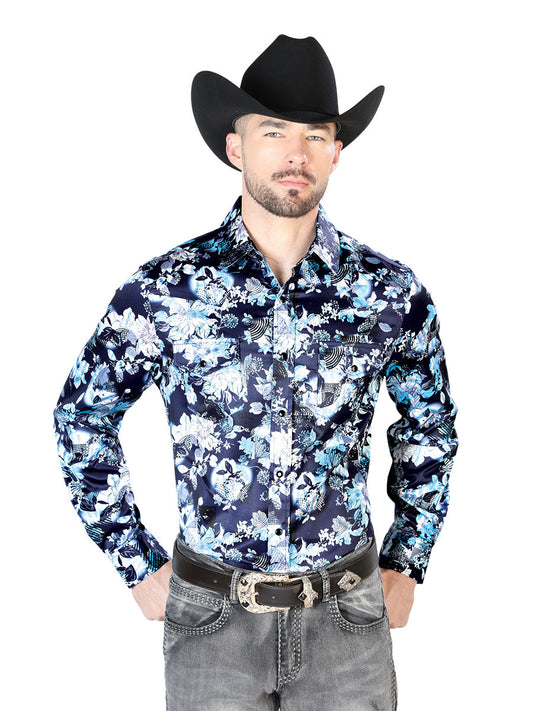 Blue Flower Print Casual Long Sleeve Shirt 43958