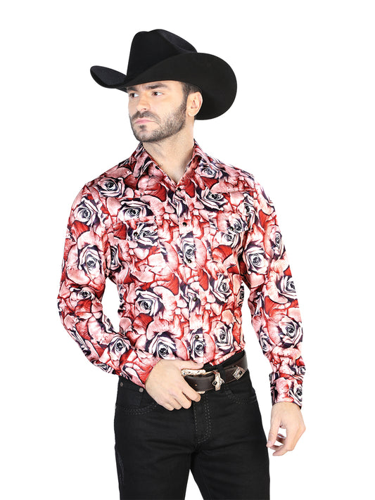 Red With Roses Casual Long Sleeve Shirt 44068